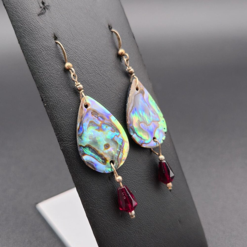 Silver Plated Oval Abalone And Red Crystal Rustic Earrings A6298 - Picture 2 of 5